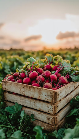 Freshly Harvested Organic Red Radishes Overflowing Wooden Crate, Vibrant Sunset, Farm Fresh Produceの素材