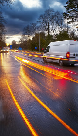 Blurred Headlights and Taillights on a Busy Road with a White Delivery Van, Evening Commuteの素材
