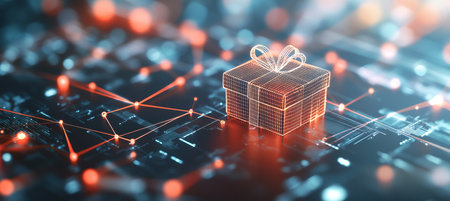 Gift Box Hologram on Futuristic Circuit Board Background, Concept of Online Shopping, and Technologyの素材