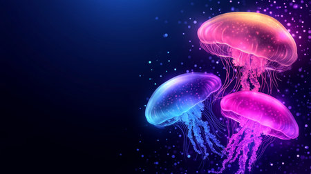 Three Neon Colorful Bioluminescent Jellyfish on Dark Blue Background., Abstract Digital Artの素材