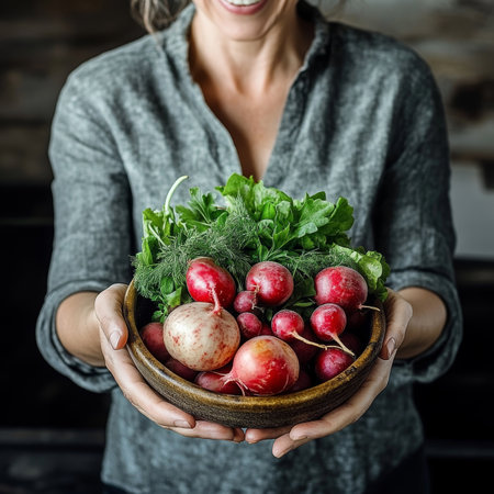 Smiling Woman Holding a Bowl of Freshly Harvested Radishes, Dill, and Greens, Healthy Eating Conceptの素材
