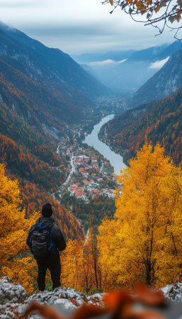 Hiker Overlooking Picturesque Autumn Valley with Winding River and Small Town, Aerial Viewの素材