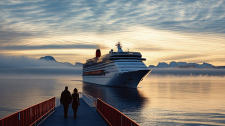 Couple, Sea Voyage, And Majestic Cruise Ship At Sunset With Misty Mountains In Background.の素材