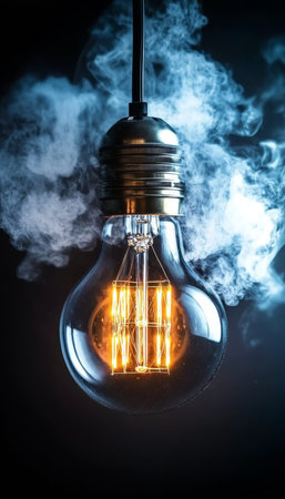 Vintage Edison Light Bulb Glowing With Swirling Smoke, Creativity, Innovation. Energy Concept.の素材