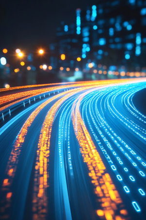Abstract Cityscape, Light Trails With Binary Code, Technology Background, Communication, Big Dataの素材