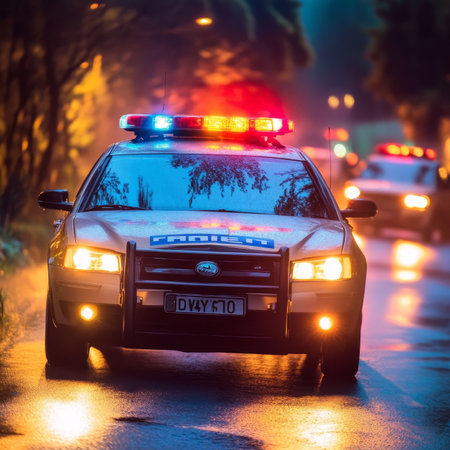 Police Car Responding To Emergency Call With Flashing Lights On a City Street at Nightの素材