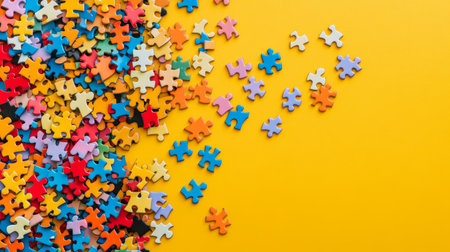 Colorful Puzzle Pieces Scattered on Yellow Background, Problem Solving and Creativity Conceptの素材