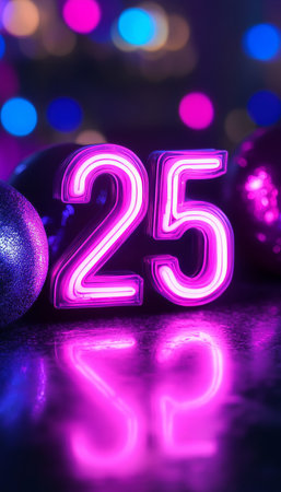 Neon Number 25 Glowing in Purple With Bokeh Background for 25th Birthday or Anniversary Celebrationの素材