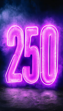 Neon Number 250, Glowing Purple Neon Sign on a Brick Wall With Smoke. Three-Dimensional Rendering.の素材