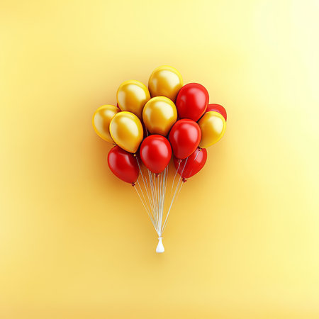 Bunch of Red and Gold Helium Balloons Isolated on Yellow Background. Festive Decorationの素材