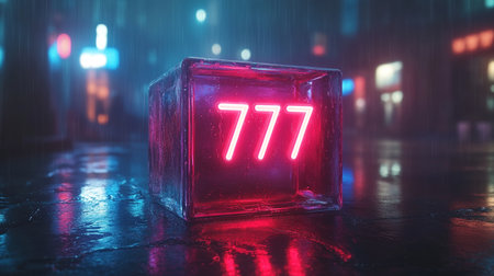 Glowing Neon 777 Sign in Ice Cube on Wet Asphalt with City Lights, Defocused Background at Nightの素材
