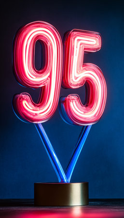 Neon Number 95, Red Number Ninety Five, Neon Sign On Dark Background, Glowing Red 95, Blue Standの素材