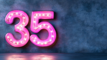 Neon Glowing Number 35 on a Dark Grunge Wall, Design Element for Birthday or Anniversaryの素材