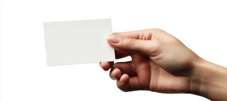 Womans hand holding a blank white business card, isolated on white background, mockup.の素材
