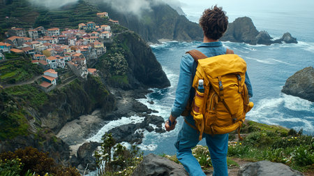 Man with Backpack Exploring Coastal Village, Adventure Travel, Hiking. Breathtaking Ocean Viewの素材