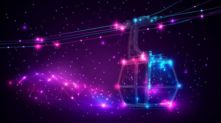 Purple Geometric Cable Car Against Dark Sky. Mountain Transport System Technology and Tourismの素材