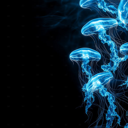 Bioluminescent Jellyfish, Luminous Aquatic Creatures in Dark Water, Deep Sea Life, Marine Wildlifeの素材