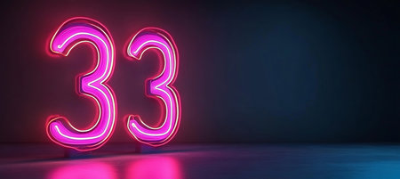 Number 33 Neon Sign Lights on Concrete Floor with Reflection. Blue Dark Background Empty Roomの素材