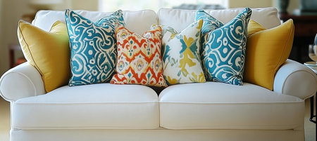 White Sofa with Colorful Throw Pillows in Living Room, Home Decor and Interior Design Detailの素材