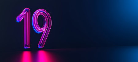 Pink and Blue Neon Number 19 Glowing on a Dark Background with Copy Space. 3D Illustration.の素材