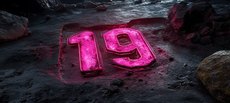 Pink Neon Number 19 on a Dark, Textured Ground with Rocks, Ideal for Birthdays, Anniversariesの素材