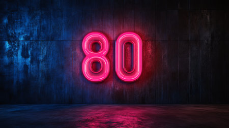 Number 80, Vibrant Neon Sign Glowing on a Dark Grunge Wall, 3D Rendered Illustration.の素材