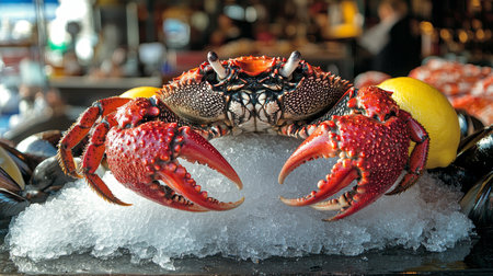 Freshly Cooked Crab Presented on Ice with Lemon, Seafood Delicacy, Restaurant Settingの素材