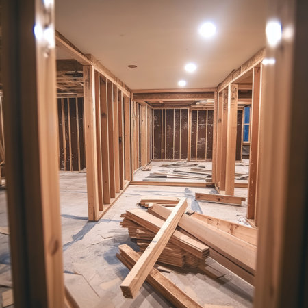 Unfinished Basement Renovation With Wooden Framing, Exposed Studs, and Construction Materialsの素材