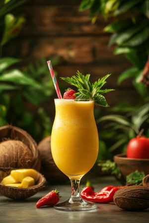 Refreshing Tropical Yellow Smoothie with Coconut, Pineapple, Mint, and Chili Pepper Garnishの素材
