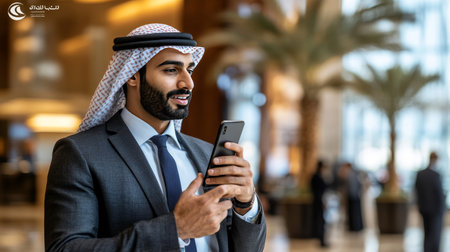 Smiling Middle Eastern Businessman in Traditional Clothing Using Smartphone in Hotel Lobbyの素材