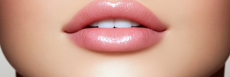 Close-up Of Beautiful Full Female Lips With Natural Pink Lip Gloss Makeup. Part Of Face.の素材