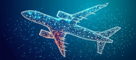 Abstract airplane made of network lines and dots, symbolizing digital technology in aviation.の素材