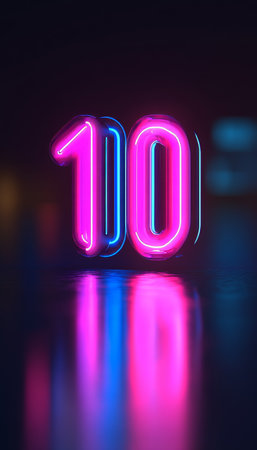 Neon Number 10, Ten, Glowing Pink and Blue Neon Light on Dark Background with Reflectionsの素材