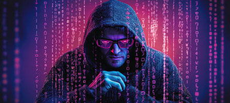 Cybersecurity Concept Hacker in Hoodie With Glowing Glasses Amidst Streams of Digital Binary Codeの素材