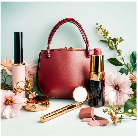Elegant Burgundy Leather Handbag with Beauty Essentials, Makeup, and Flowers on a Pastel Backgroundの素材