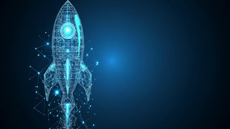 Abstract Polygonal Rocket with Connecting Lines and Dots, Technology and Innovation Conceptの素材