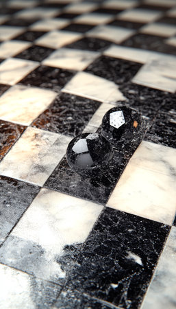 Two Water Droplets Reflected on a Black and White Checkerboard Pattern of Polished Marble Tilesの素材