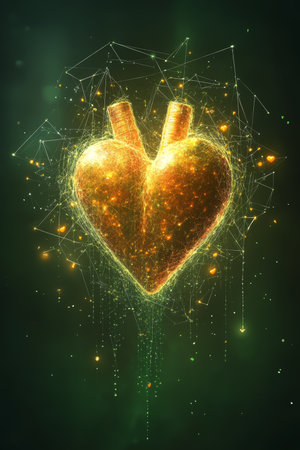 Golden Glowing Human Heart with Polygon Wireframe and Glitter Particles, 3D render 3D illustration.の素材