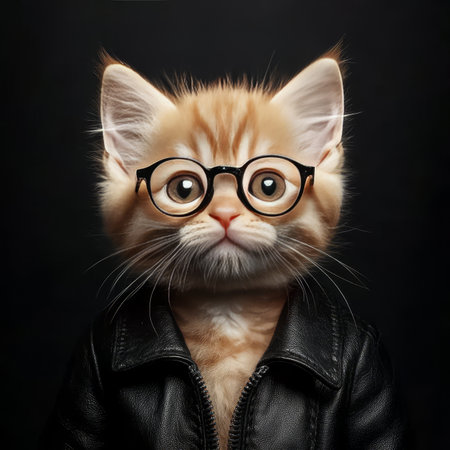 Portrait of Adorable Ginger Kitten Wearing Round Glasses and Leather Jacket on Black Backgroundの素材