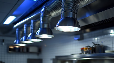 Professional Stainless Steel Kitchen Exhaust Hood and Ventilation System in a Modern Restaurantの素材
