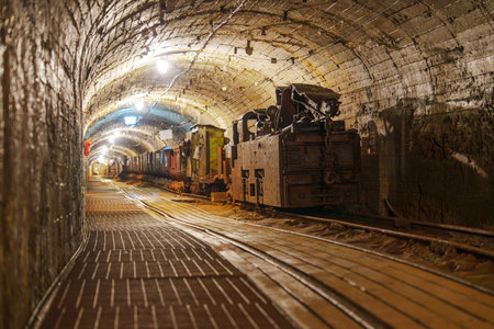 A Rusty Old Mining Train Stands Alone In A Dark, Creepy Mine Tunnel Surrounded By Shadows and Dust