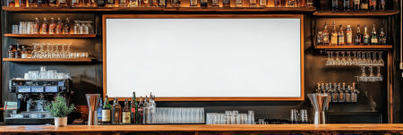 Empty Speakeasy Style Bar with Stocked Liquor Bottles and a Blank Sign Ready for Customizable Text.の素材
