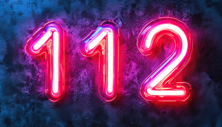 Neon 112 Emergency Number Sign, Glowing Red and Pink, on Dark Grunge Textured Backgroundの素材