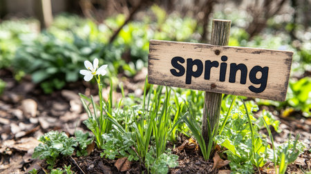 White spring flower and a wooden sign with the inscription spring. Spring background.の素材