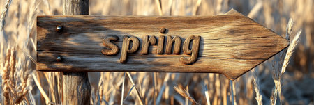 Rustic Wooden Sign with Spring Lettering Close-Up View Against Dry Grass Backgroundの素材