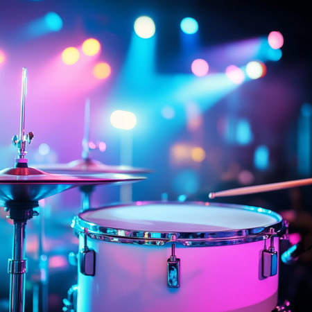 Drum Set on Stage Under Colorful Lights, Ready for an Energetic Live Music Performanceの素材