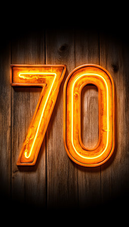 Number 70, Neon Sign on Rustic Wood Background. Retro Style Glowing Number for Design and Decorationの素材