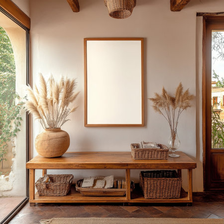 Boho Interior Design Wooden Console Table with Pampas Grass Decor, Blank Frame, and Wicker Basketsの素材