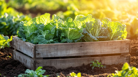 Fresh Green Cabbage Growing in Wooden Crate, Organic Vegetable Garden, Agriculture, Sunsetの素材