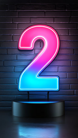 Neon Glowing Number 2 In Vibrant Pink And Blue, Isolated On a Stand Against a Brick Wall Backgroundの素材